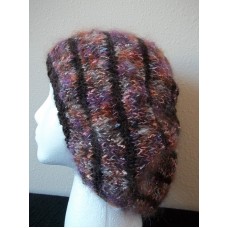 Hand knitted elegant & soft beret type hat  sparkly pinks/purples + brown  eb-23343542